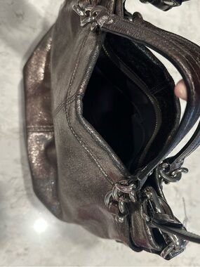 Coach Metallic Pewter Leather Shoulder Bag with Chain Accents